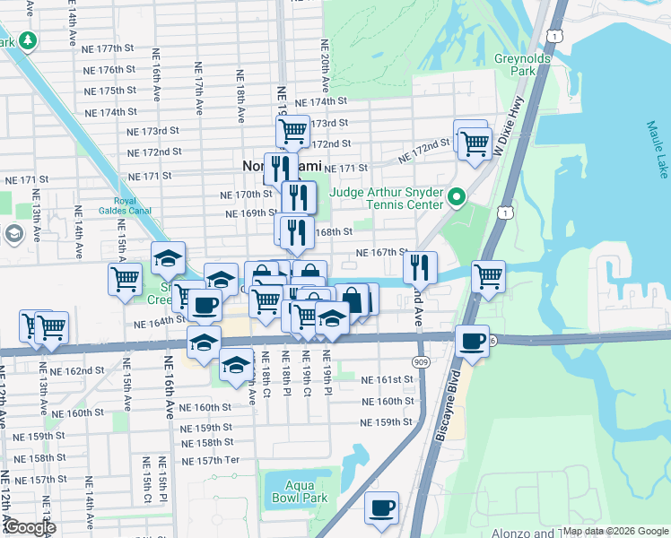 map of restaurants, bars, coffee shops, grocery stores, and more near 16651 Northeast 20th Avenue in North Miami Beach