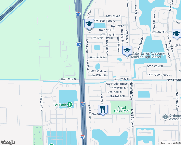 map of restaurants, bars, coffee shops, grocery stores, and more near 9122 NW 171st Ln in Hialeah