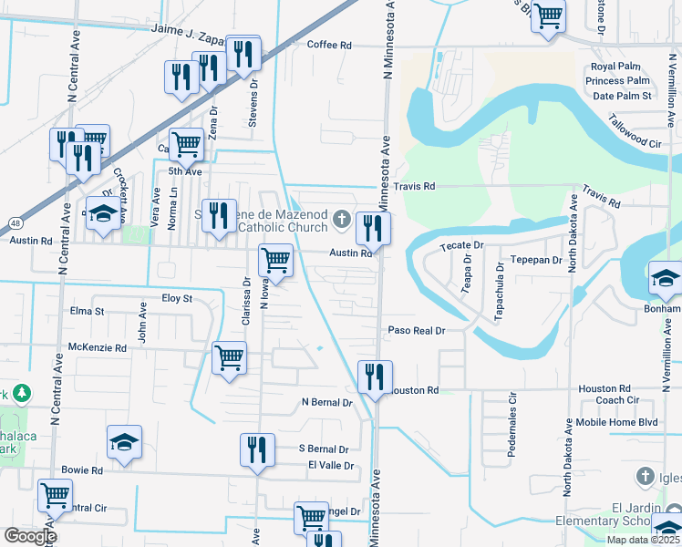 map of restaurants, bars, coffee shops, grocery stores, and more near 1129 North Minnesota Avenue in Brownsville