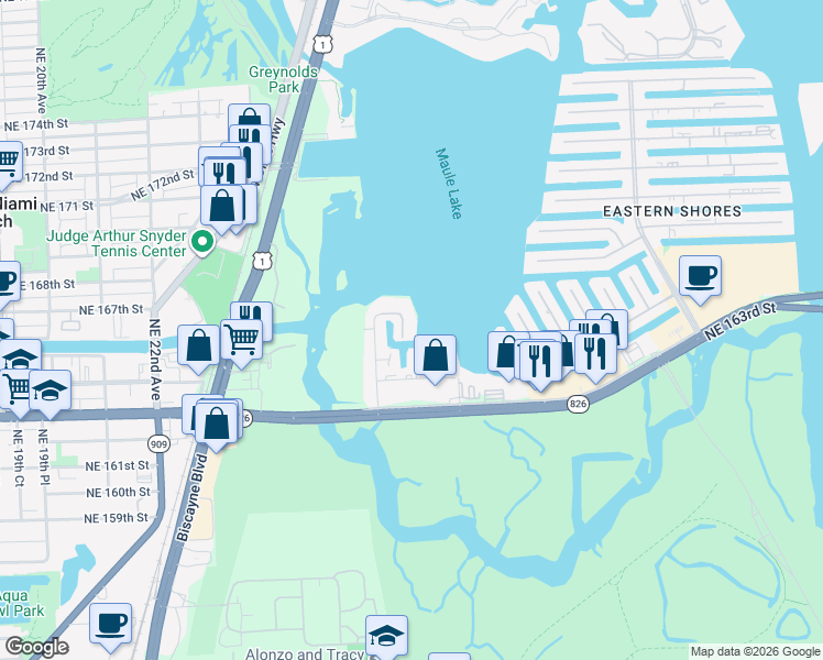 map of restaurants, bars, coffee shops, grocery stores, and more near 3752 Northeast 26th Avenue in North Miami Beach