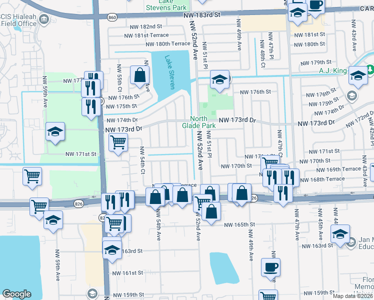 map of restaurants, bars, coffee shops, grocery stores, and more near 5260 Northwest 172nd Street in Miami Gardens