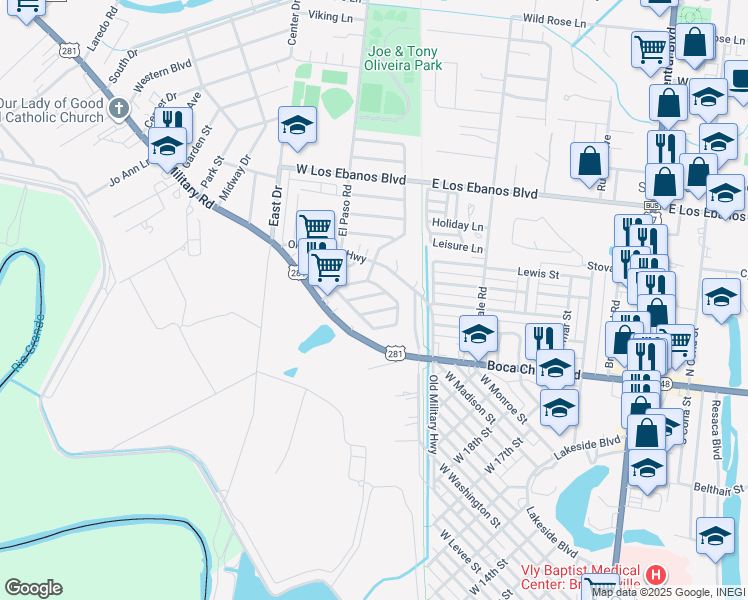 map of restaurants, bars, coffee shops, grocery stores, and more near 35 Calle Monarca in Brownsville