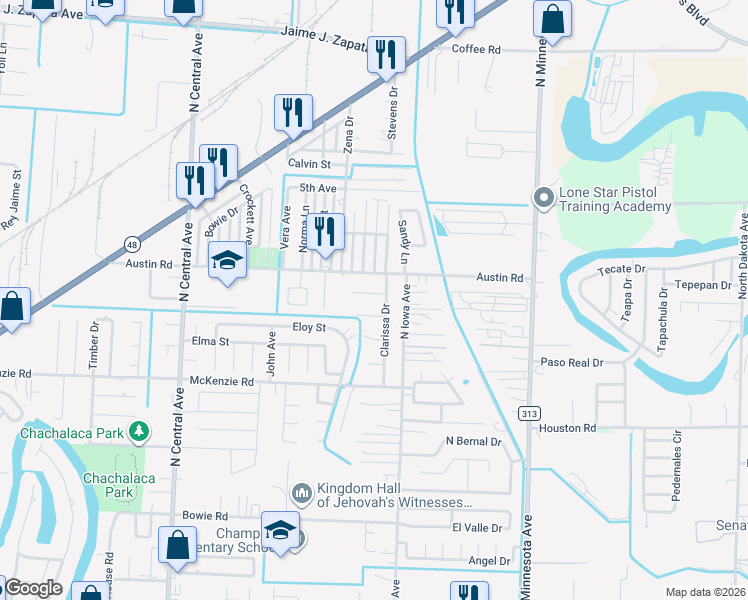 map of restaurants, bars, coffee shops, grocery stores, and more near 5054 Melissa Drive in Brownsville