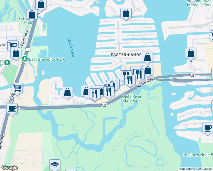 map of restaurants, bars, coffee shops, grocery stores, and more near 16416 Northeast 32nd Avenue in North Miami Beach