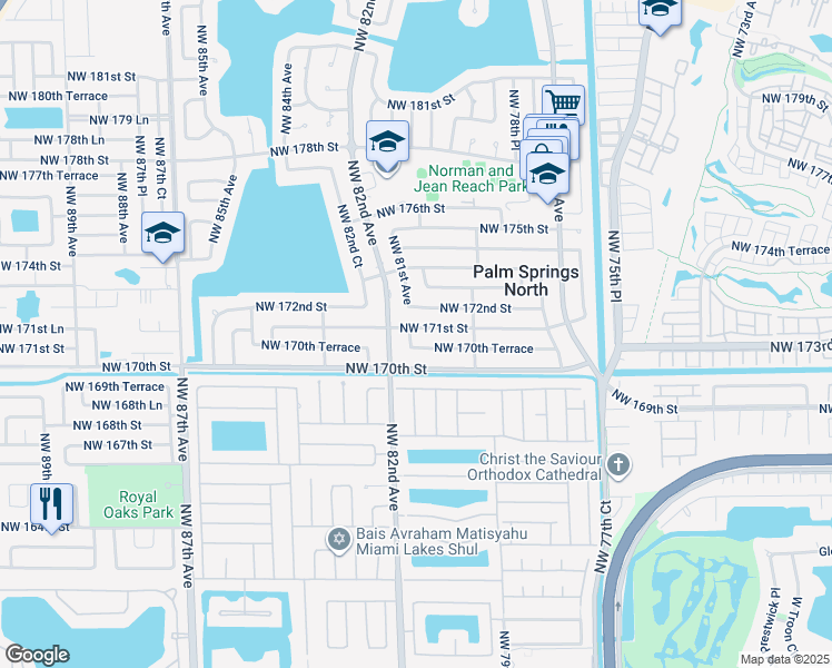 map of restaurants, bars, coffee shops, grocery stores, and more near 8030 Northwest 171st Street in Hialeah