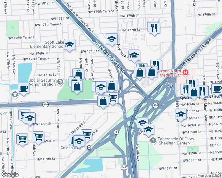 map of restaurants, bars, coffee shops, grocery stores, and more near 750 Northwest 168th Drive in Miami