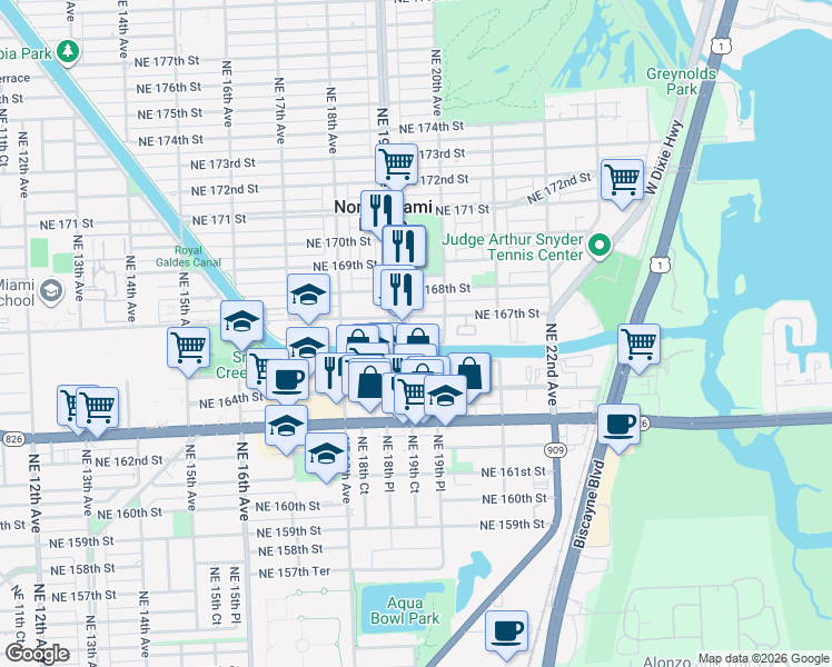 map of restaurants, bars, coffee shops, grocery stores, and more near 1959 North Glades Drive in North Miami Beach