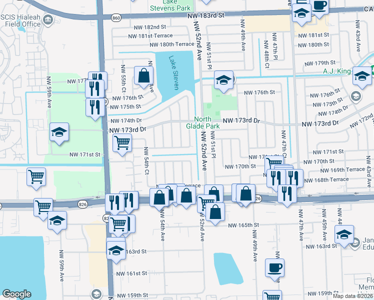 map of restaurants, bars, coffee shops, grocery stores, and more near 5260 Northwest 172nd Street in Miami Gardens