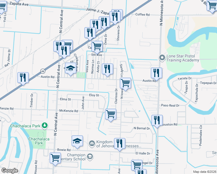 map of restaurants, bars, coffee shops, grocery stores, and more near 5054 Melissa Drive in Brownsville