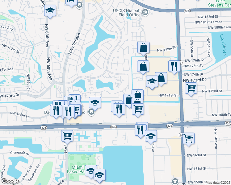 map of restaurants, bars, coffee shops, grocery stores, and more near 6133 Northwest 171st Street in Hialeah