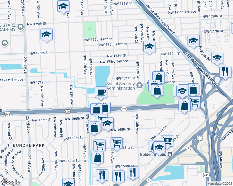 map of restaurants, bars, coffee shops, grocery stores, and more near 16841 Northwest 14th Avenue in Miami
