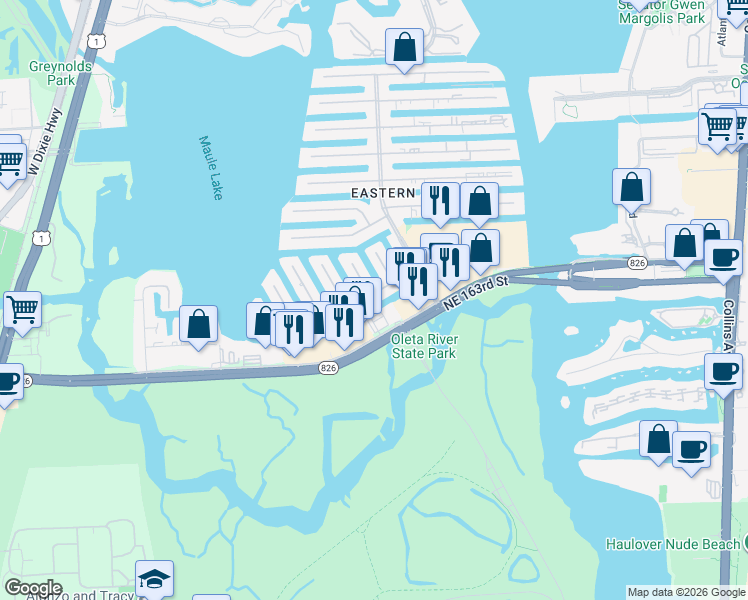 map of restaurants, bars, coffee shops, grocery stores, and more near 3300 Northeast 164th Street in North Miami Beach