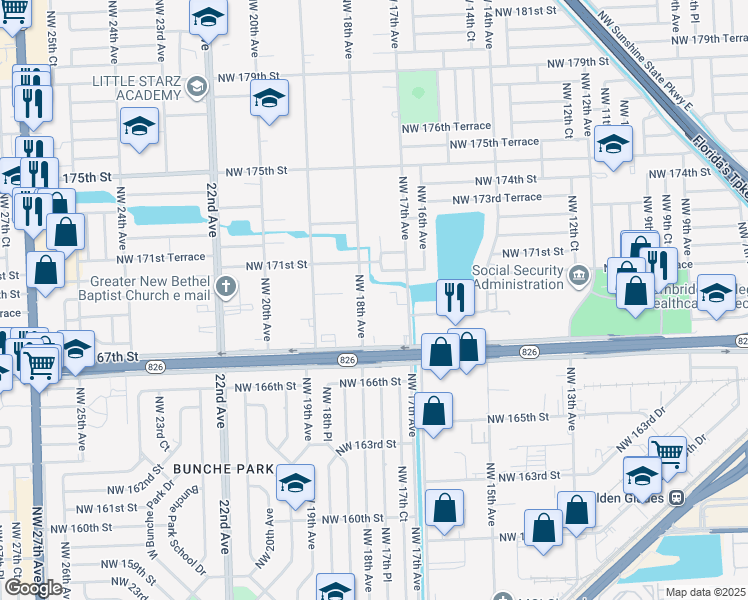 map of restaurants, bars, coffee shops, grocery stores, and more near 16925 Northwest 18th Avenue in Miami Gardens
