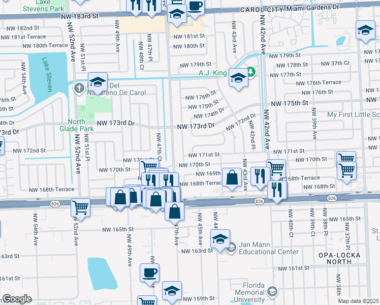 map of restaurants, bars, coffee shops, grocery stores, and more near 17100 Northwest 45th Court in Miami Gardens