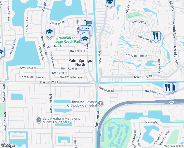 map of restaurants, bars, coffee shops, grocery stores, and more near 17045 Northwest 78th Avenue in Hialeah