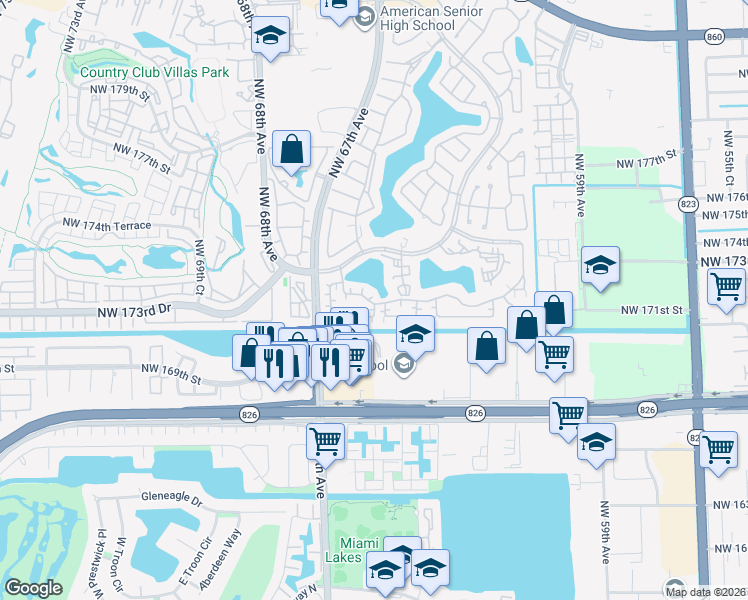 map of restaurants, bars, coffee shops, grocery stores, and more near 6425 Northwest 171st Street in Hialeah