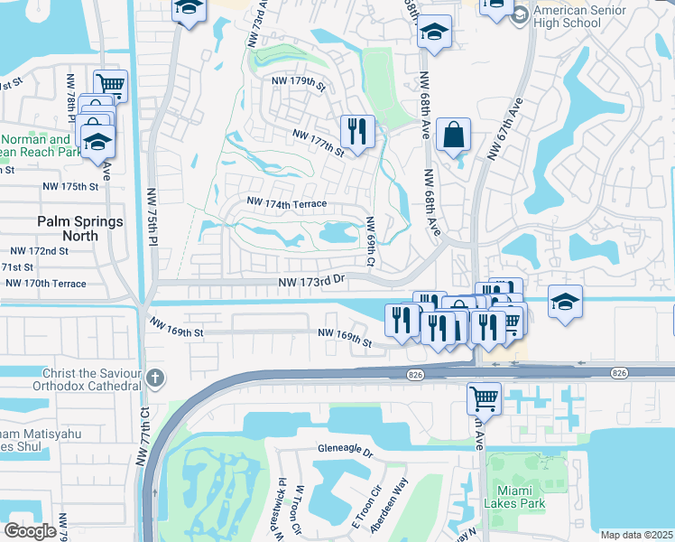 map of restaurants, bars, coffee shops, grocery stores, and more near 7045 Northwest 173rd Drive in Hialeah