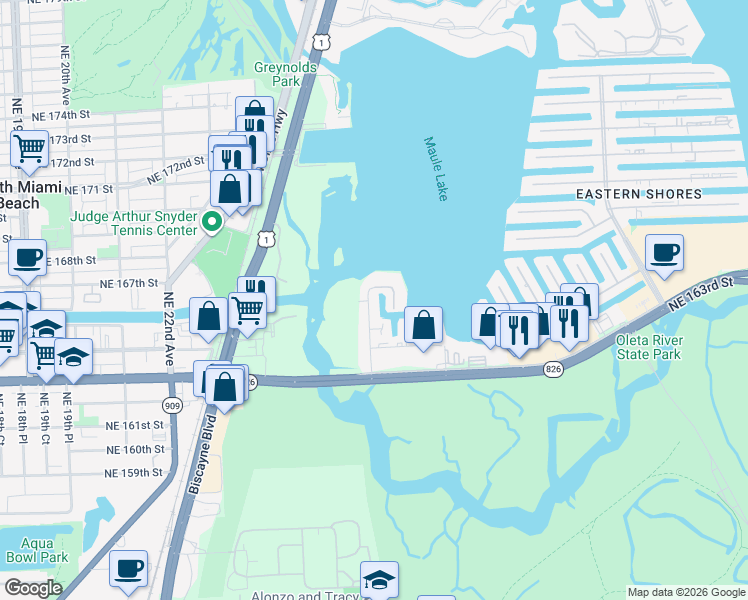 map of restaurants, bars, coffee shops, grocery stores, and more near 3752 Northeast 26th Avenue in North Miami Beach