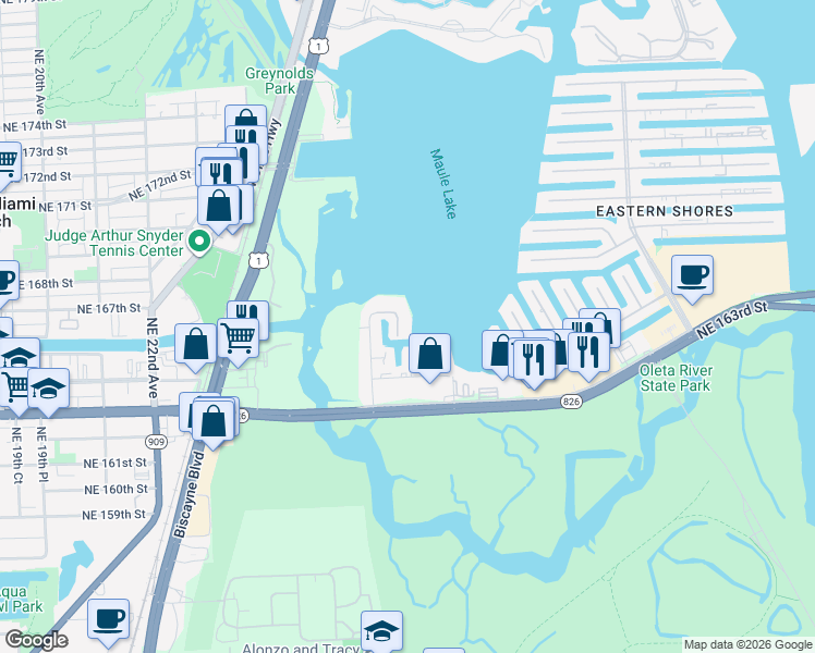 map of restaurants, bars, coffee shops, grocery stores, and more near 3752 Northeast 26th Avenue in North Miami Beach