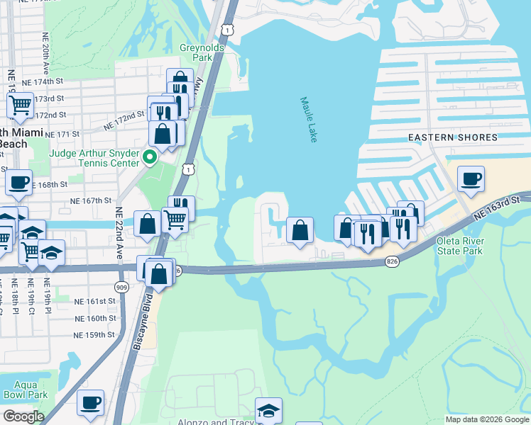 map of restaurants, bars, coffee shops, grocery stores, and more near 3752 Northeast 26th Avenue in North Miami Beach