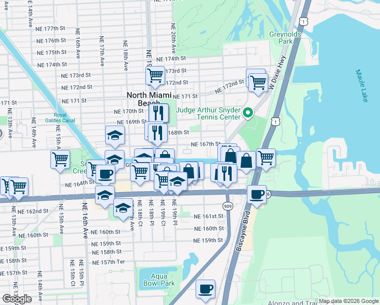 map of restaurants, bars, coffee shops, grocery stores, and more near 2080 Northeast 167th Street in North Miami Beach