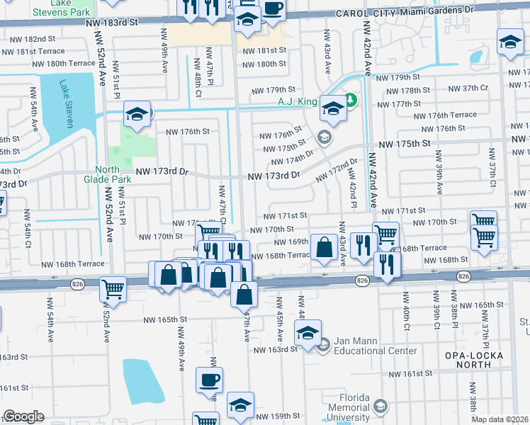 map of restaurants, bars, coffee shops, grocery stores, and more near 17100 Northwest 45th Court in Miami Gardens