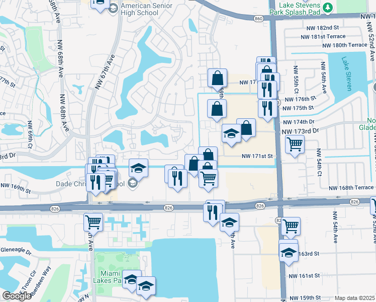 map of restaurants, bars, coffee shops, grocery stores, and more near 17084 Northwest 60th Court in Hialeah