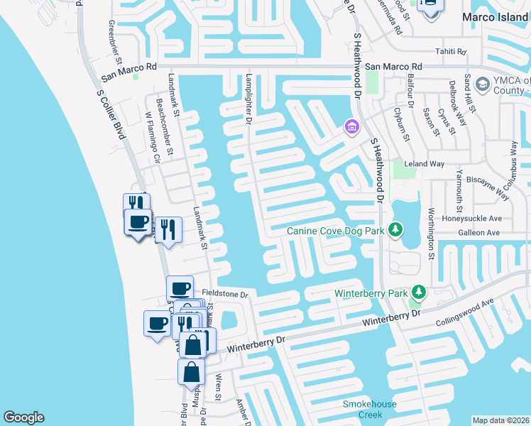map of restaurants, bars, coffee shops, grocery stores, and more near 349 Lamplighter Drive in Marco Island