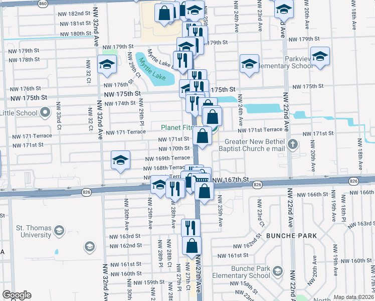 map of restaurants, bars, coffee shops, grocery stores, and more near 2730 Northwest 170th Street in Miami Gardens