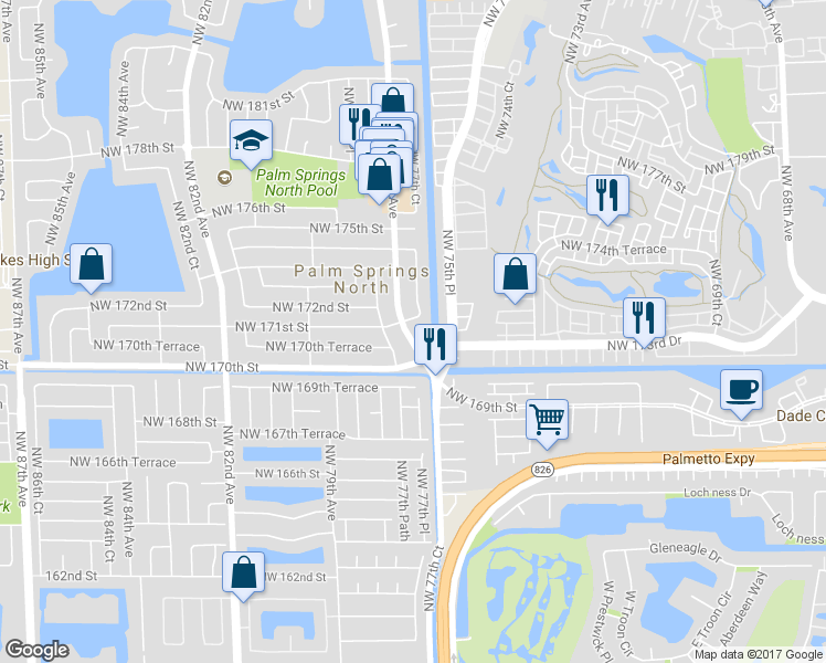 map of restaurants, bars, coffee shops, grocery stores, and more near 17045 Northwest 78th Avenue in Hialeah