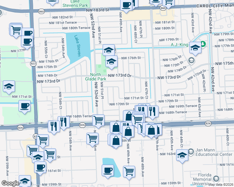 map of restaurants, bars, coffee shops, grocery stores, and more near 17115 Northwest 49th Court in Opa-locka
