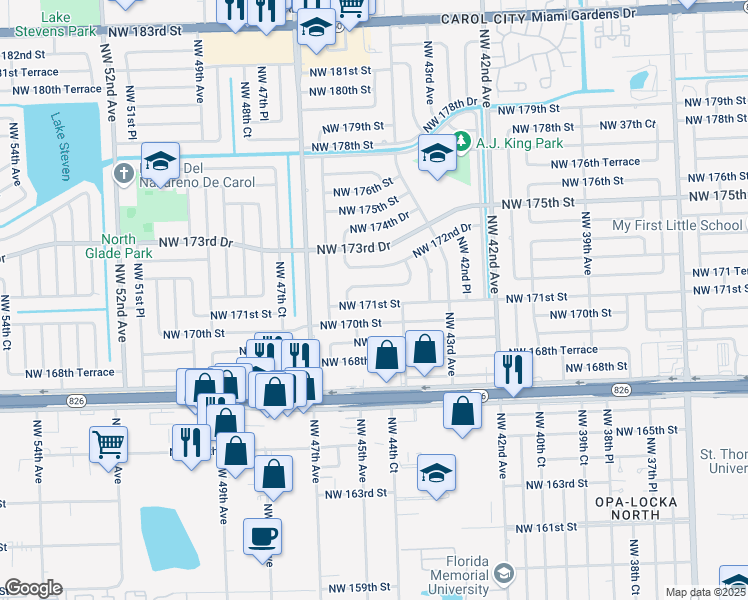 map of restaurants, bars, coffee shops, grocery stores, and more near 4441 Northwest 171st Street in Miami Gardens