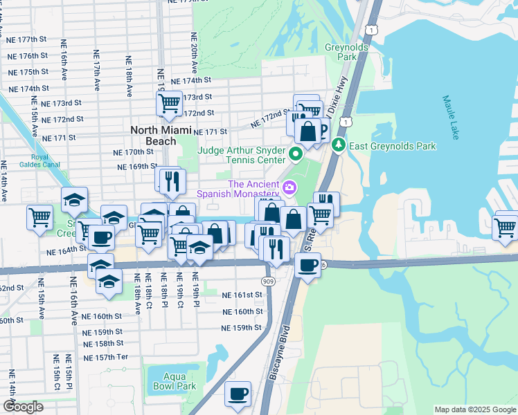 map of restaurants, bars, coffee shops, grocery stores, and more near 2176 Northeast 167th Street in North Miami Beach