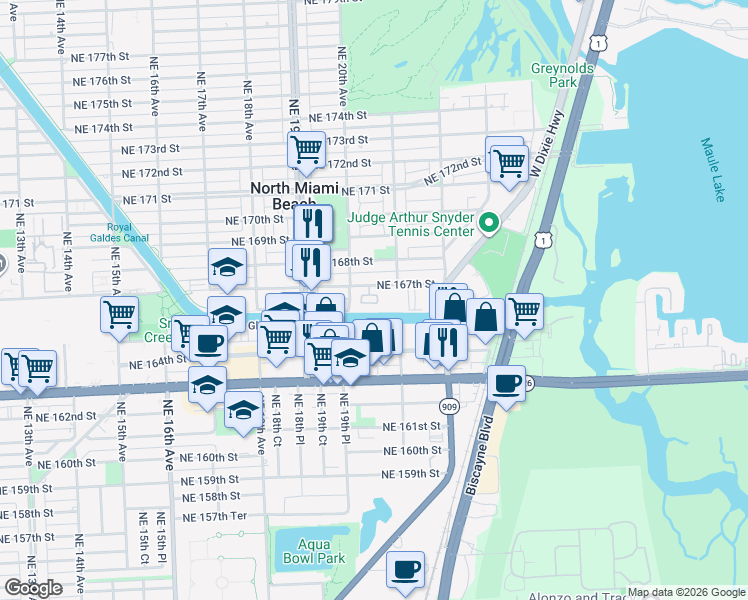 map of restaurants, bars, coffee shops, grocery stores, and more near 2080 Northeast 167th Street in North Miami Beach