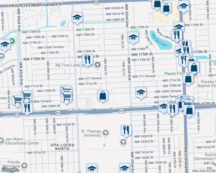 map of restaurants, bars, coffee shops, grocery stores, and more near 17001 Northwest 33rd Court in Miami Gardens