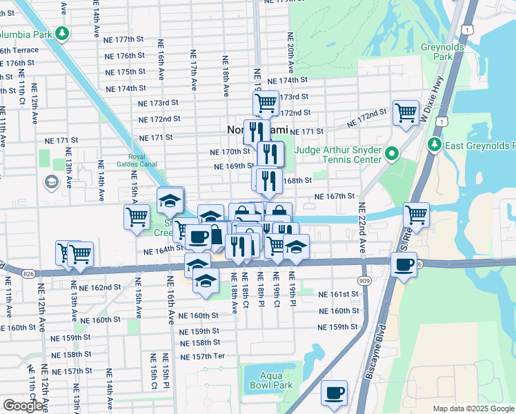 map of restaurants, bars, coffee shops, grocery stores, and more near 1861 North Glades Drive in North Miami Beach