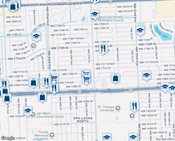 map of restaurants, bars, coffee shops, grocery stores, and more near 3740 Northwest 171st Street in Miami Gardens