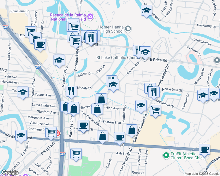 map of restaurants, bars, coffee shops, grocery stores, and more near 2587 Rockwell Drive in Brownsville