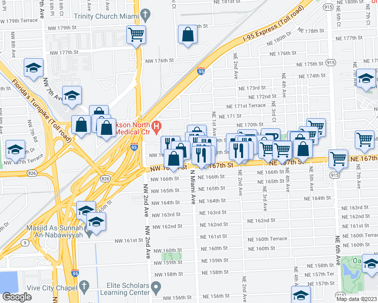 map of restaurants, bars, coffee shops, grocery stores, and more near 5 Northwest 168th Street in North Miami Beach