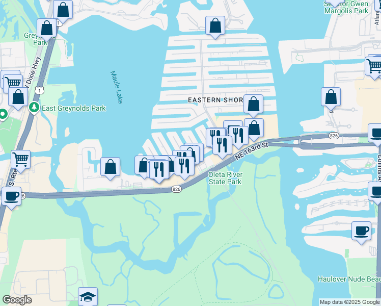 map of restaurants, bars, coffee shops, grocery stores, and more near 16416 Northeast 32nd Avenue in North Miami Beach