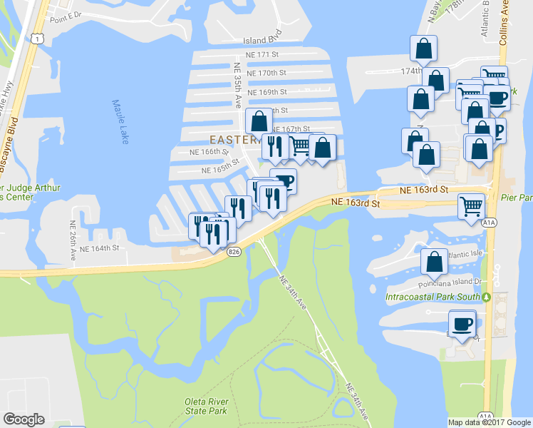 map of restaurants, bars, coffee shops, grocery stores, and more near 3463 Northeast 163rd Street in North Miami Beach