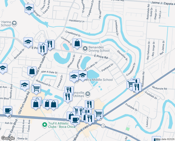 map of restaurants, bars, coffee shops, grocery stores, and more near 548 Land-O-Lakes Drive in Brownsville