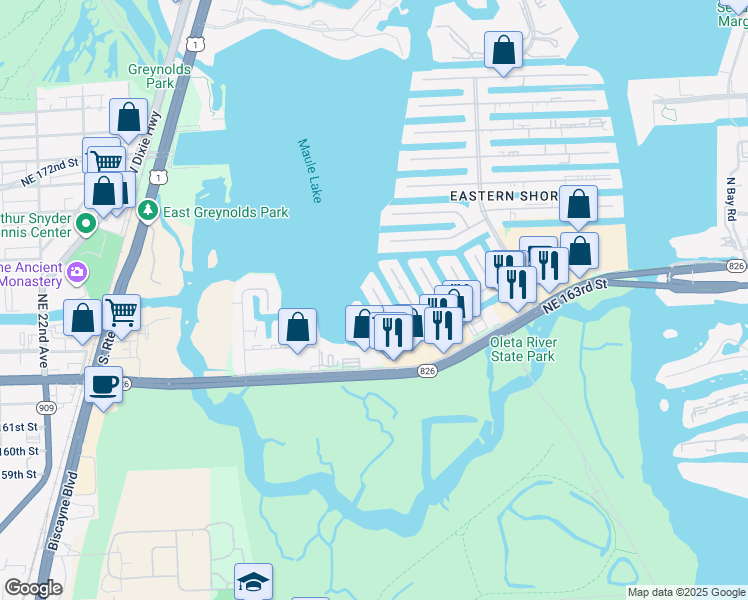 map of restaurants, bars, coffee shops, grocery stores, and more near 16450 Northeast 30th Avenue in North Miami Beach