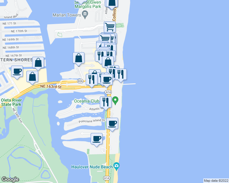 map of restaurants, bars, coffee shops, grocery stores, and more near 16485 Collins Avenue in Sunny Isles Beach