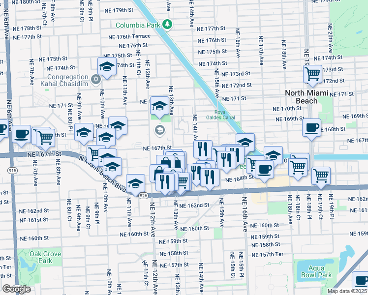 map of restaurants, bars, coffee shops, grocery stores, and more near 1300 Northeast 167th Street in Miami