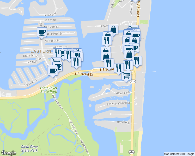 map of restaurants, bars, coffee shops, grocery stores, and more near in Sunny Isles Beach