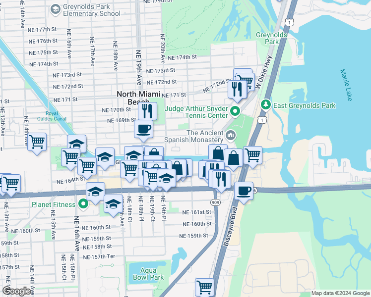 map of restaurants, bars, coffee shops, grocery stores, and more near 2080 Northeast 167th Street in North Miami Beach