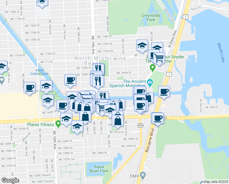 map of restaurants, bars, coffee shops, grocery stores, and more near 16651 Northeast 20th Avenue in North Miami Beach
