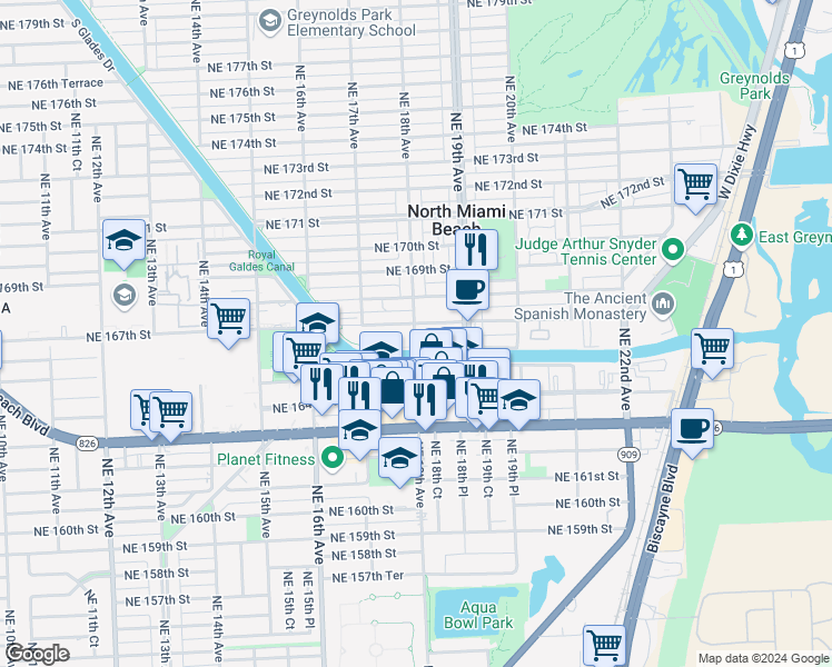map of restaurants, bars, coffee shops, grocery stores, and more near 1750 Northeast 167th Street in North Miami Beach
