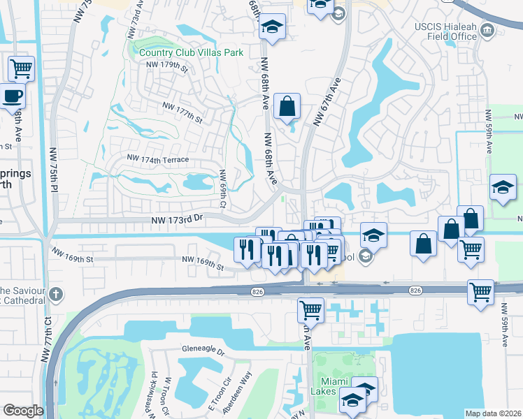 map of restaurants, bars, coffee shops, grocery stores, and more near 6878 Northwest 173rd Drive in Hialeah